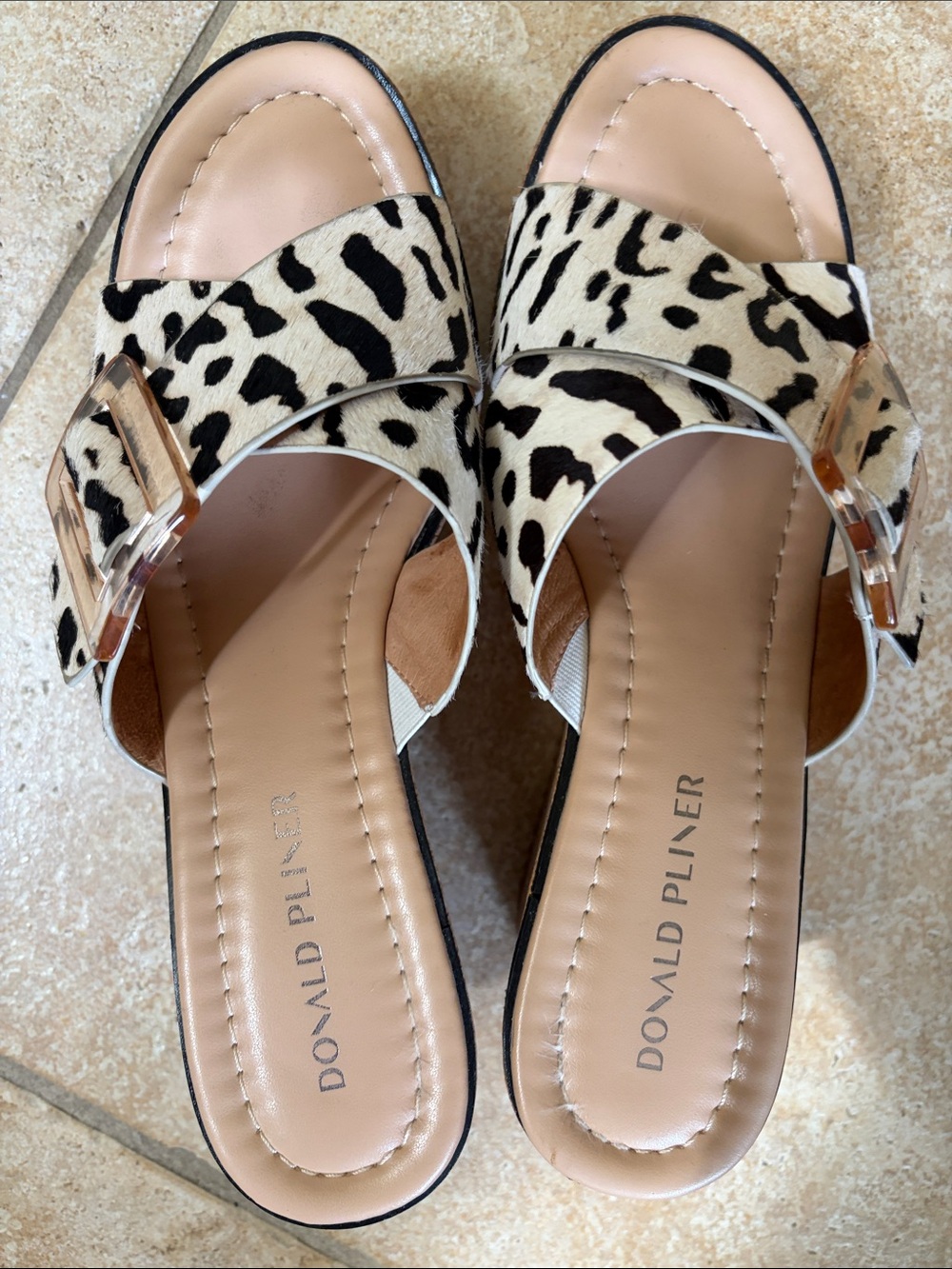 Donald J. Pliner Leopard Print Slide Sandals in Black & Cream with Clear Buckle